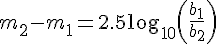 LaTeX: m_2 - m_1 = 2.5 \log_{10} \left(\frac{b_1}{b_2}\right)